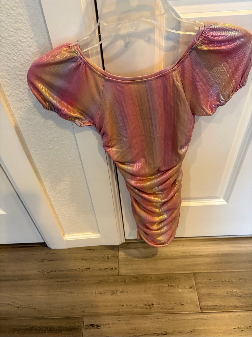 Pink Multi-Color Shimmer Ruched Mini Dress - Picture 3 of 4